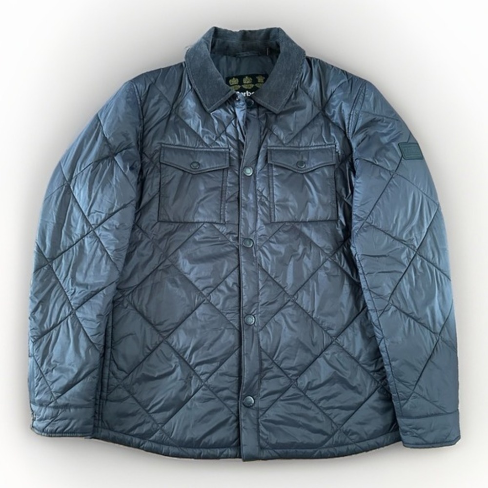 Barbour Jacket Mens Medium Gray Quilted Shirt Insulated Pockets Outdoor Travel
